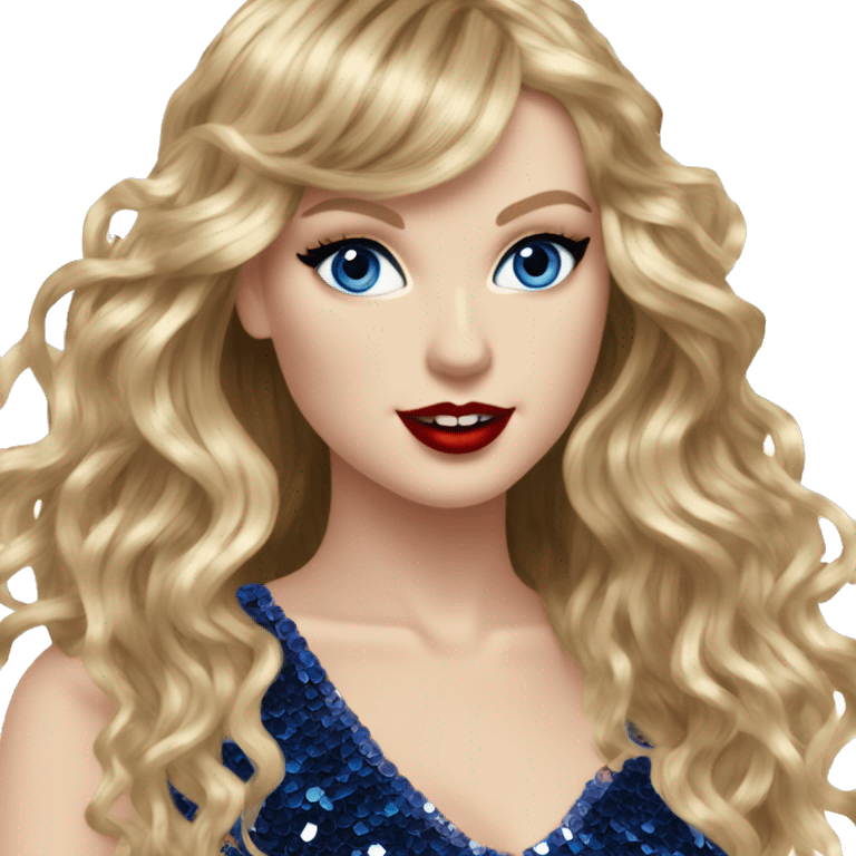 Realistic Taylor swift wearing navy blue glittery sequin bodysuit with tassels and gems and long hair with red lipstick and blue eyes  emoji