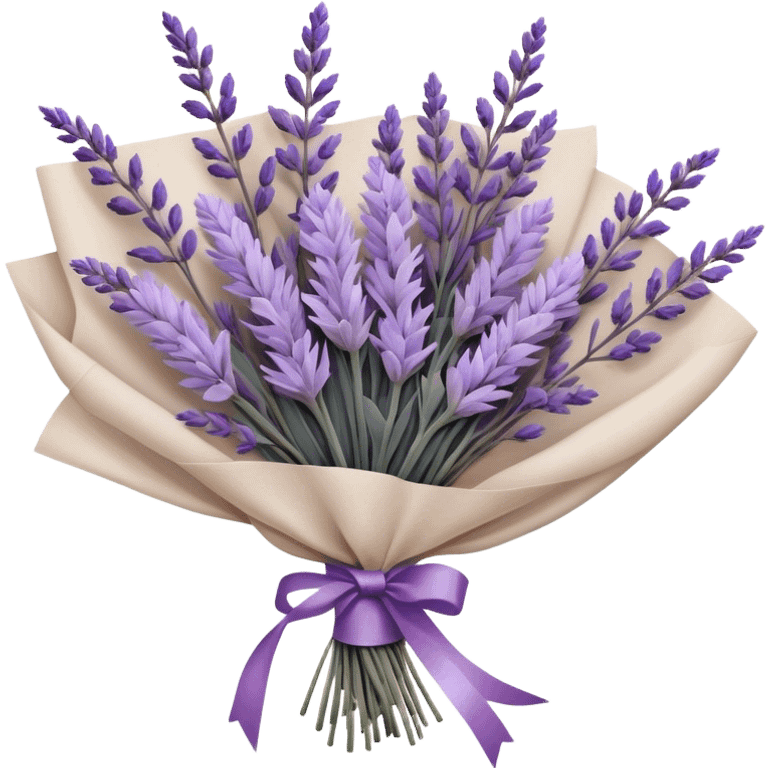 A delicate hand-tied lavender bouquet, featuring wisps of pale lilac and deep amethyst sprigs, is wrapped in parchment paper secured with a dusty plum ribbon. The gentle contrast of fresh and dried stems creates a soft, ethereal look, while the faint scent of lavender lingers like a nostalgic embrace from a bygone era.
 emoji