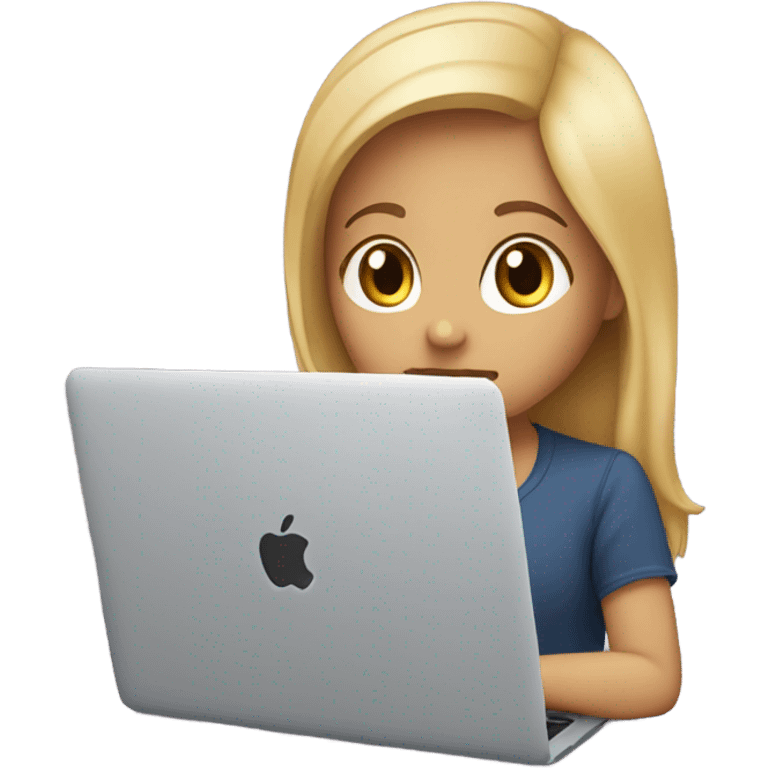 ￼ A beautiful cute girl with blond hair and brown eyes looks at a MacBook laptop emoji