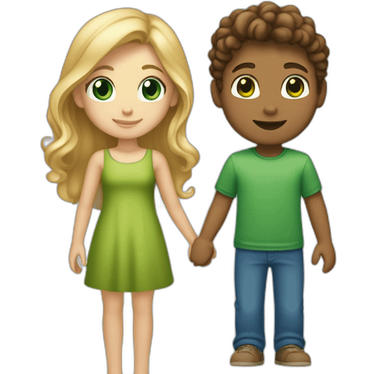 “blonde girl with tan skin and blue eyes” holding hands with “tan boy with long curly brown hair and green eyes” emoji