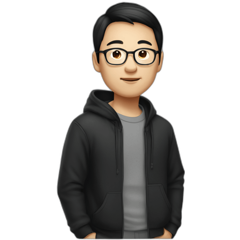 A mature Chinese boy with black hair and circle-shaped eyeglasses wearing black hoodie emoji