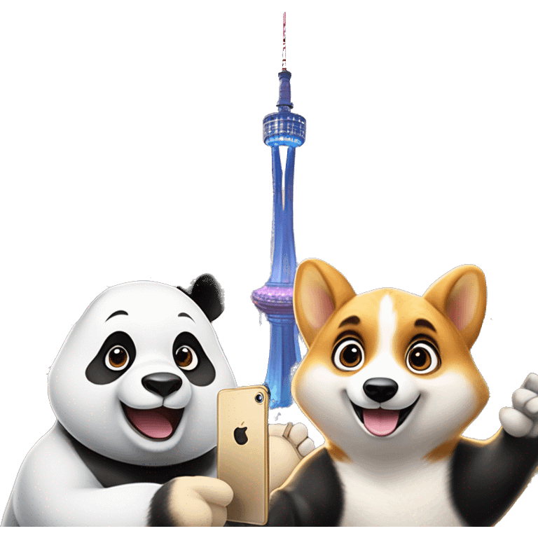 A panda and a corgi are taking a selfie with their iPhones, the faces of the panda and the corgi are facing the camera, and in the background is the 339th TV tower in Chengdu. emoji