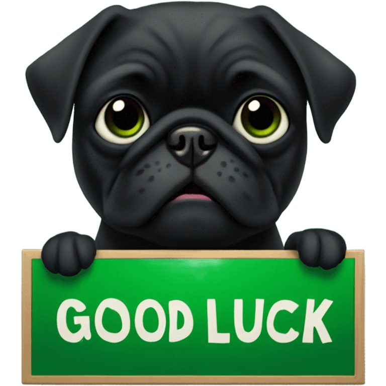 Black pug holding a green sign that says good luck  emoji