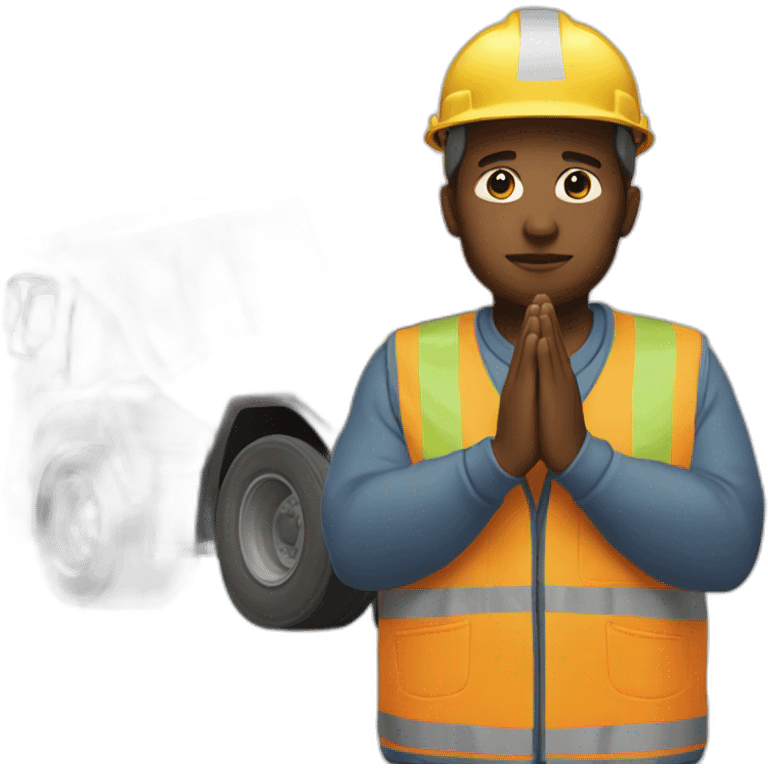 construction worker with hands in prayer standing directly in front of a DUMP TRUCK emoji