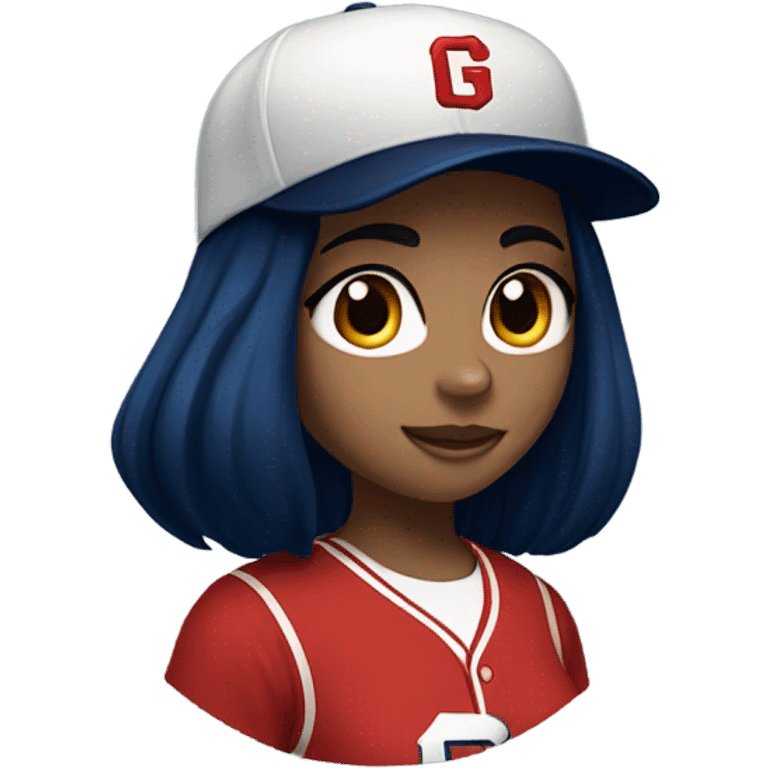 Black long hair girl wearing navy ballcap emblazoned with a red G initial and wearing baseball uniform emoji