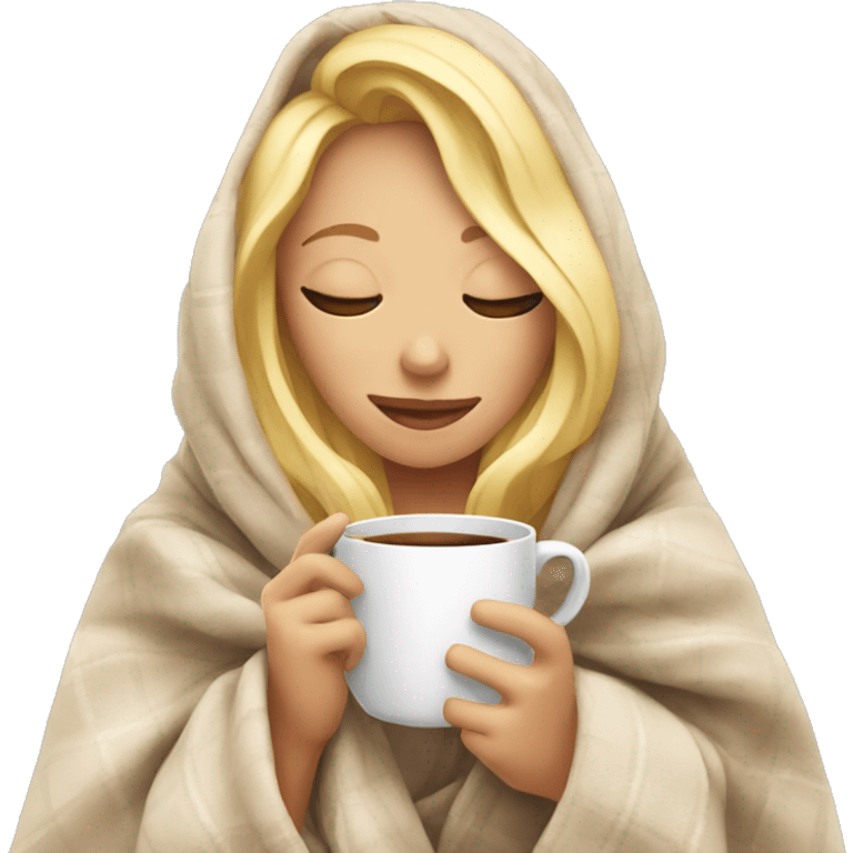 blonde girl inside a blanket sipping coffee eyes closed emoji