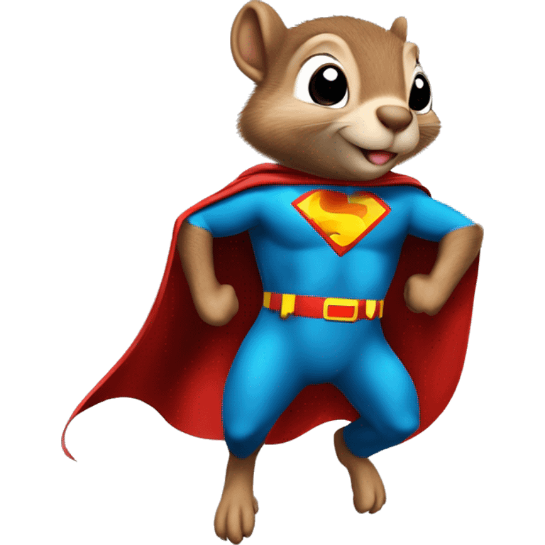 Squirrel as a superhero wearing a cape flying like Mighty Mouse with an “S” like Superman on his chest  emoji