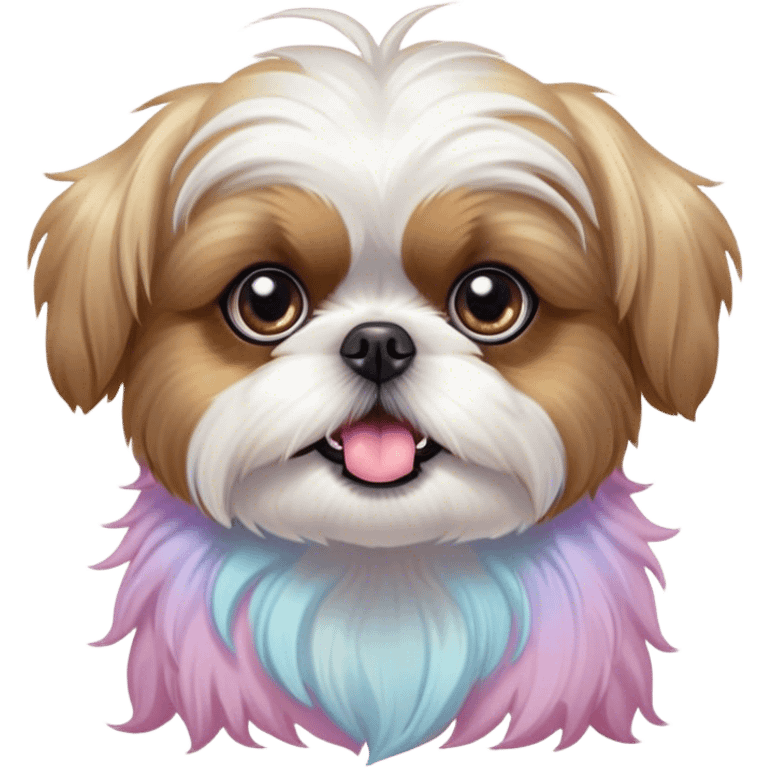 Cinematic Comical Shih Tzu Portrait Emoji, Head cocked with a hilariously exaggerated, shocked expression and twinkling, comically wide eyes, showcasing a fluffy, luxurious fur in soft pastel tones, simplified yet whimsically detailed, glowing with a playful, sassy radiance, high shine, exuding a humorous and cheeky charm, styled with a soft glowing outline, capturing the essence of a Shih Tzu that looks as if it could burst into a fit of playful antics at any moment! emoji