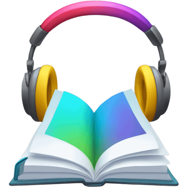 A minimalist emoji in iPhone style, showing an open book wearing over-ear headphones, with bright colors and a transparent background. emoji