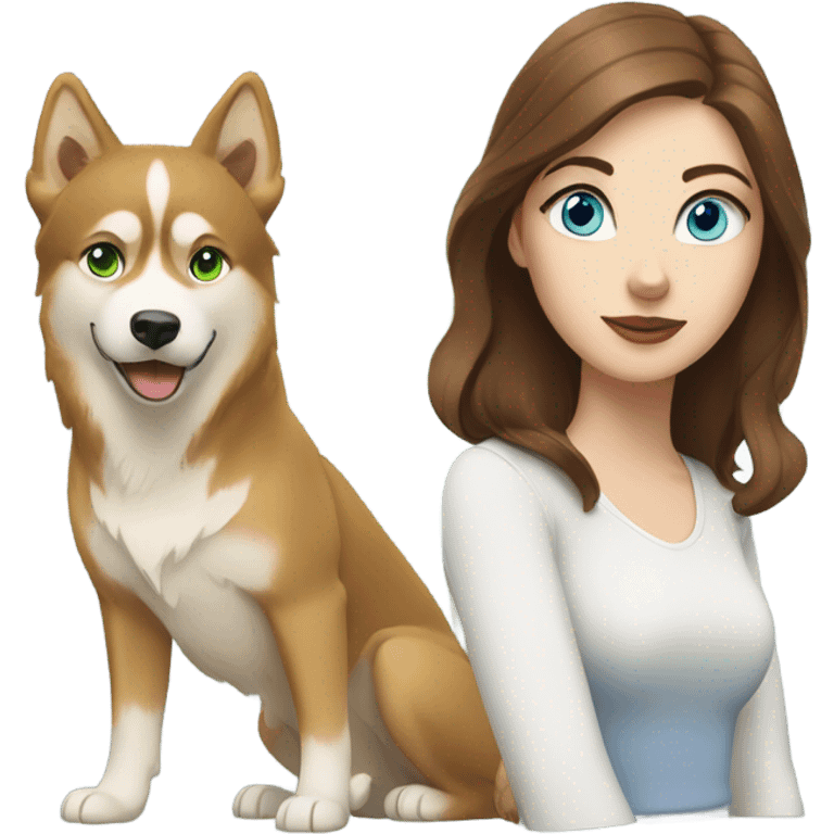 White Woman hair brown and bleus eyes and golden Husky With green eyes emoji