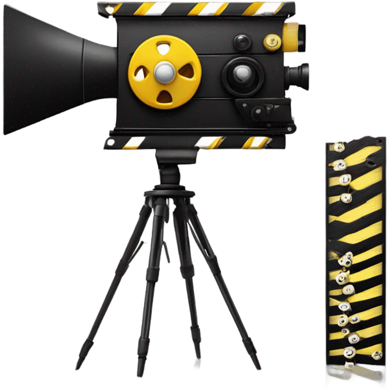 A black and yellow film reel, clapperboard, and movie camera. emoji