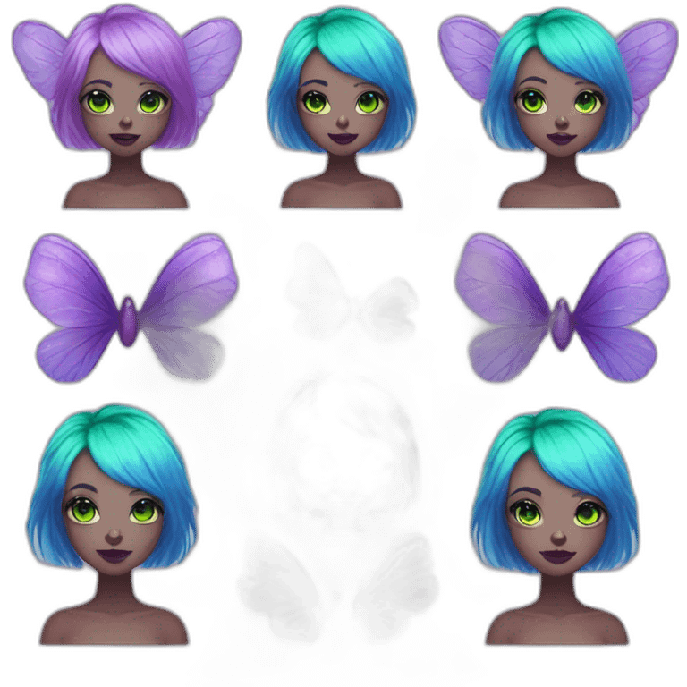 pink skin, 2 pairs of blue eyes, dark purple lips, and green hair creature with wings flying , with a fairycore style. emoji