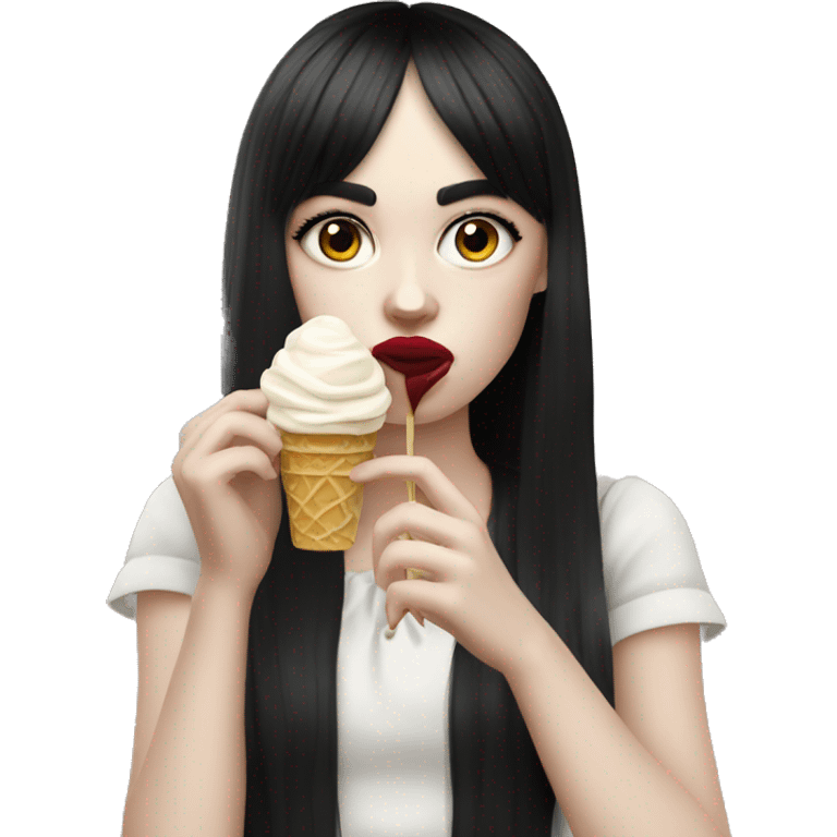 Portrait Girl wearing chanel pale skin with long black  bangs eating icecream  emoji