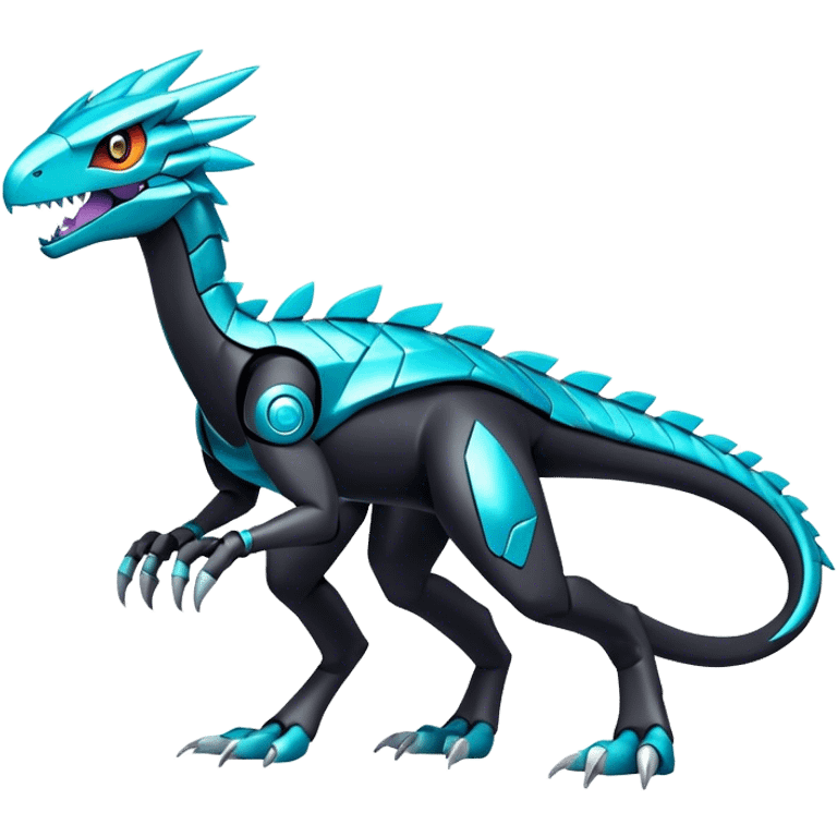 Shiny Futuristic Celestial Fakemon-Pokemon-Digimon-Spectrobes-Raptor-fusion, full body, four legs, black body, cyan accents, scales emoji