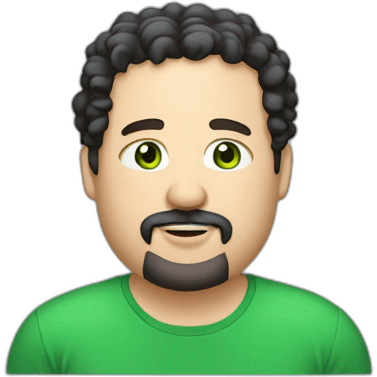 chubby Caucasian man, looking 42 years old, short black curly hair, green eyes, black goatee around the mouth meeting the beard in the shape of a rounded rectangle, medium lips, smiling emoji