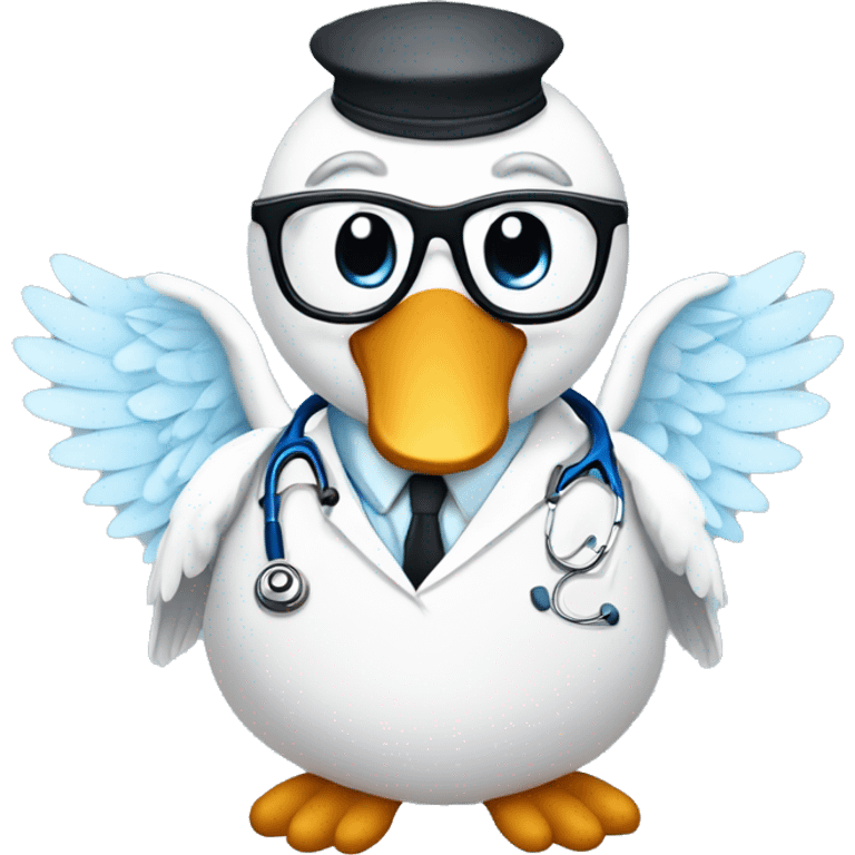 an adult swan with wings dressed with a clinician costume with glasses and a stethoscope emoji