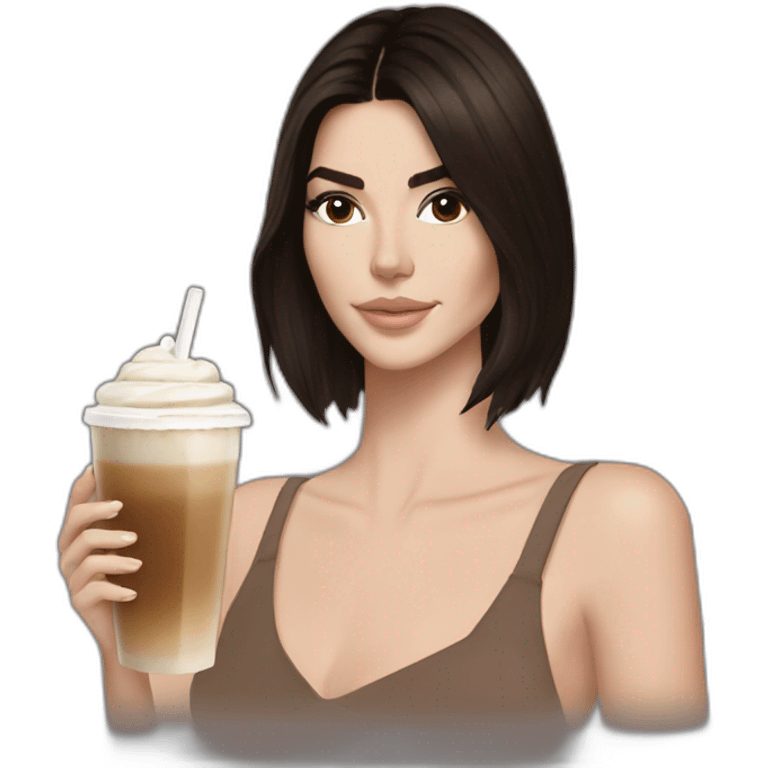 brunette Kendall Jenner holding ice latte emoji