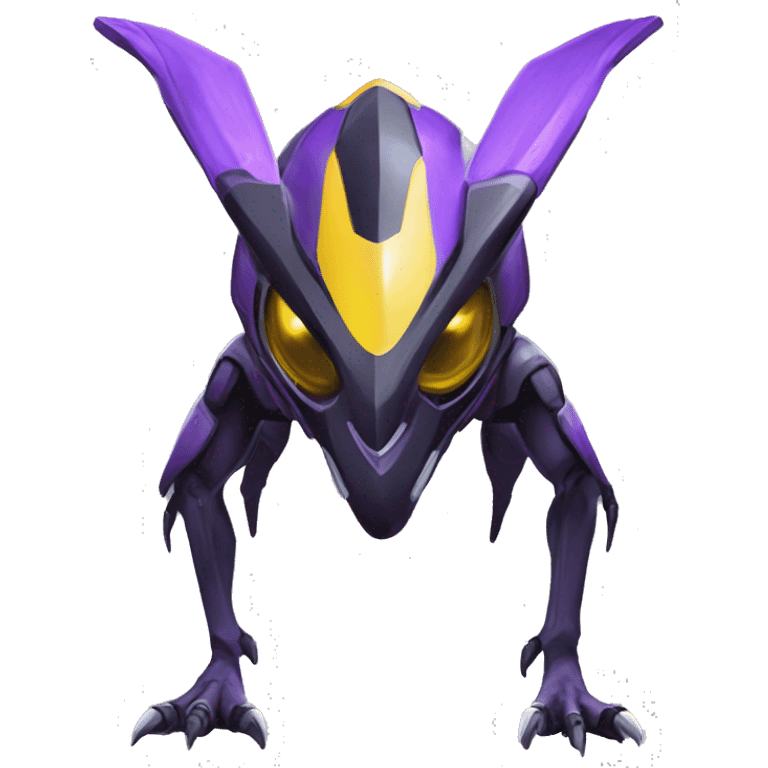 a shiny black-purple-yellow Genesect-Raptor-Fakémon—hybrid with a futuristic visor-helmet full bod emoji