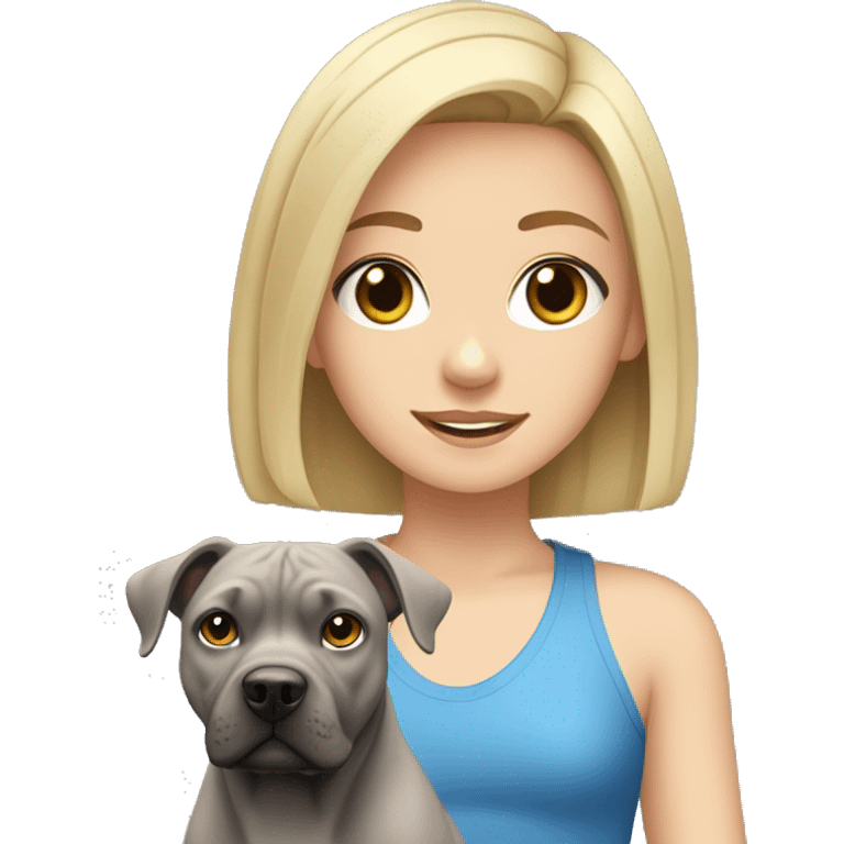 Blonde girl with a gray Staffordshire terrier; she has blue eyes and shoulder-length hair  emoji