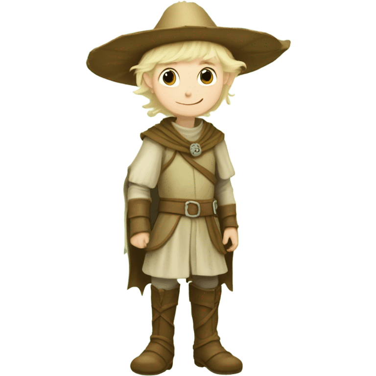 whimsical fairytale medieval pale boy who is tiny and wearing a leaf hat and big boots emoji