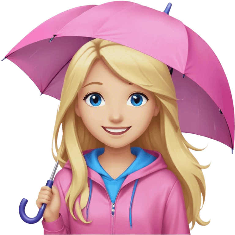 Cinematic realistic emojis in the form of a blonde girl with a joyful smile, long hair, blue eyes, wearing a pink hoodie, holding an umbrella over her from the rain emoji