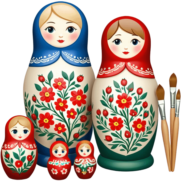 Russian nesting dolls (matryoshka) painting icon, several dolls of different sizes being hand-painted with traditional floral patterns, paintbrushes, small pots of paint, and carving tools nearby, visible process of decoration, minimalistic style, clean lines, transparent background. emoji