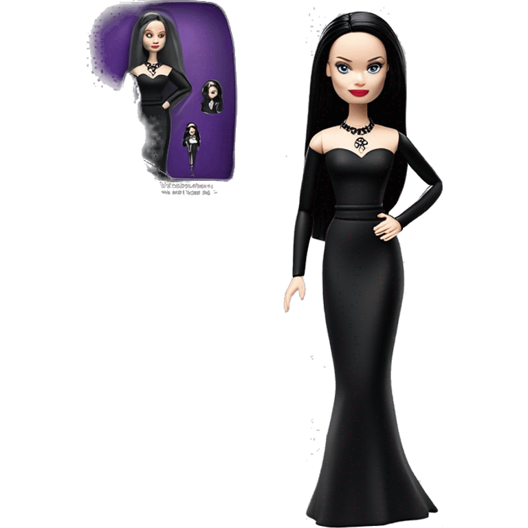  Elegant witch Wednesday Addams Barbie.  Small very light skin face. Earrings with matching necklaces. Long silky raven hair. black flowing strapless tight evening gown neckline that’s off-the-shoulders shows her legs and black high heel shoes.rc car emoji