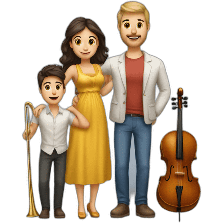 Caucasian family of a man with trombone & a morena woman with cello and they have a baby girl 1yo emoji