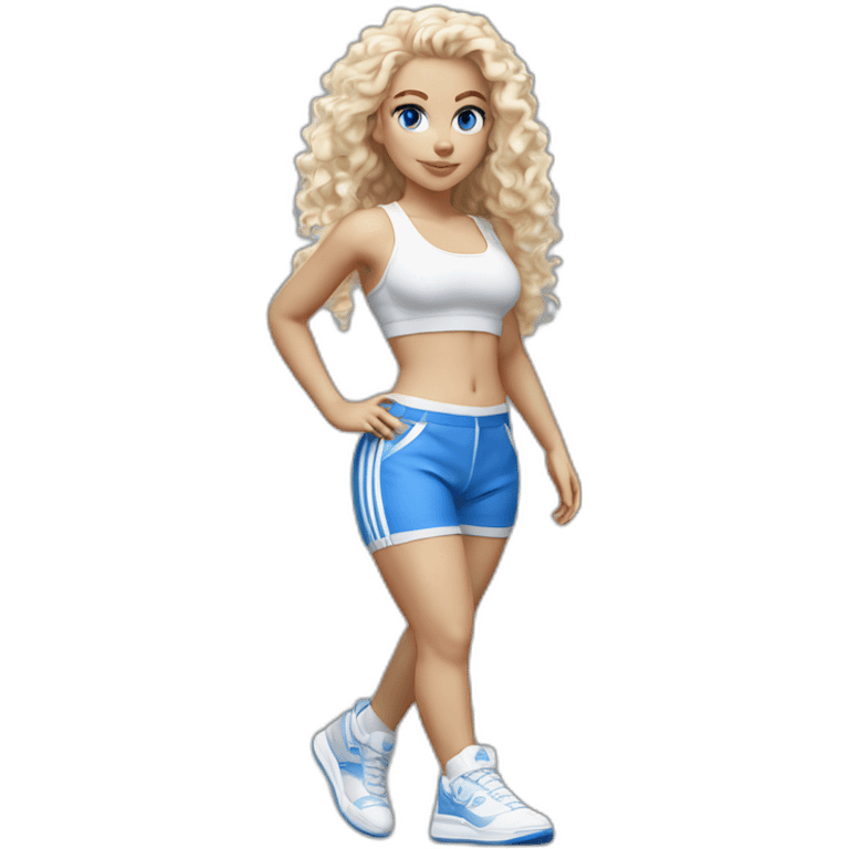 hyperrealist white long curly blonde hair blue eyes girl with white sports bra tight blue short shorts and sneakers walking towards camera emoji