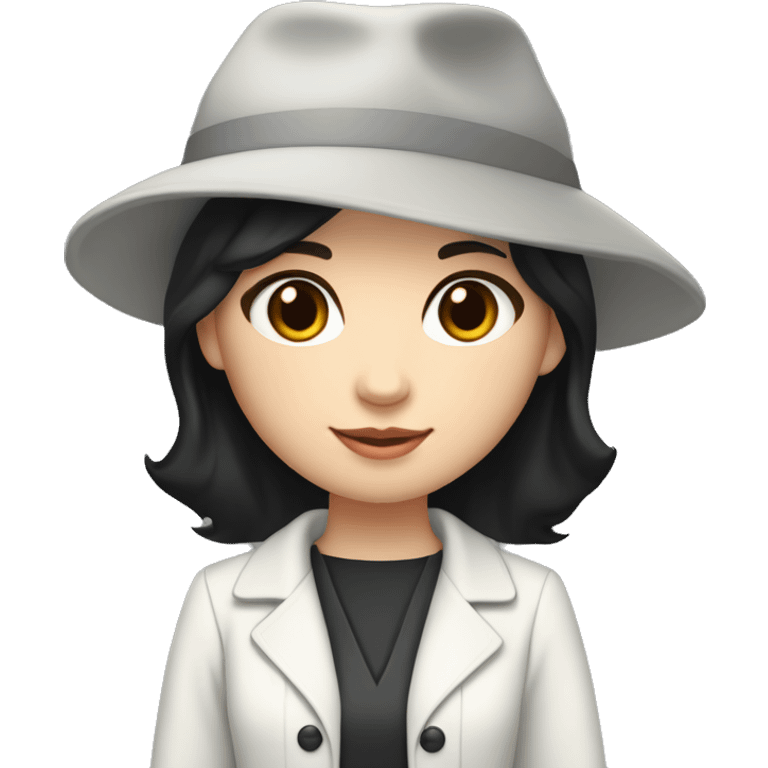 small size pale skin girl graduate student with middle length black hair,wearing graduate black cap, gray eyes, White classical jacket, blouse, Gray skirt holding a Macbook in the hands emoji