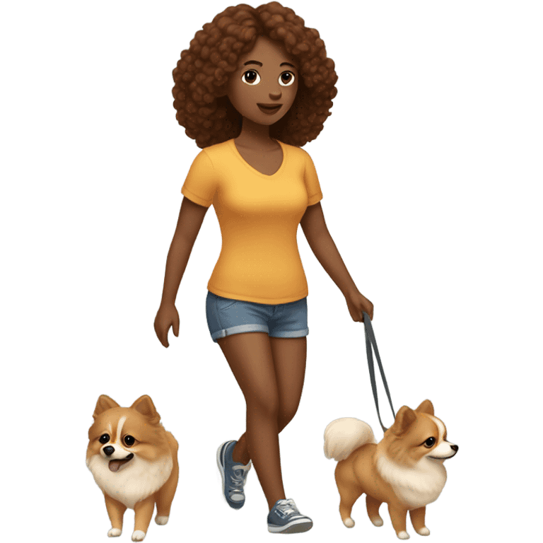 women with brown wavy hair wearing shorts and walking pomeranian emoji