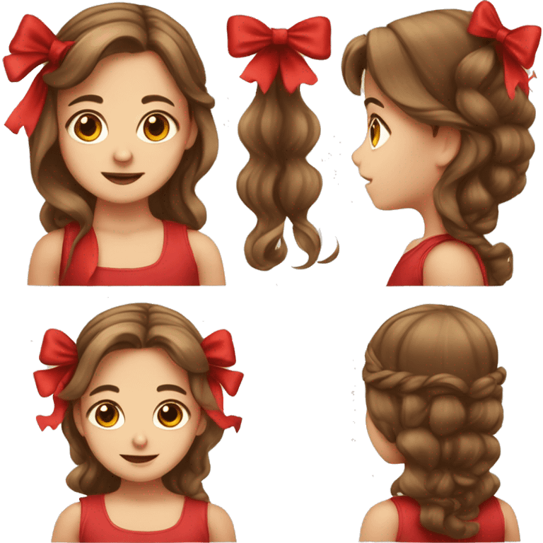 The image is a digital illustration of a young girl with long brown hair and a red bow on her head emoji