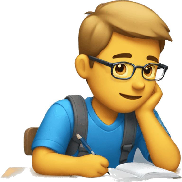 male sitting and studing with blue shirt. Side view. emoji