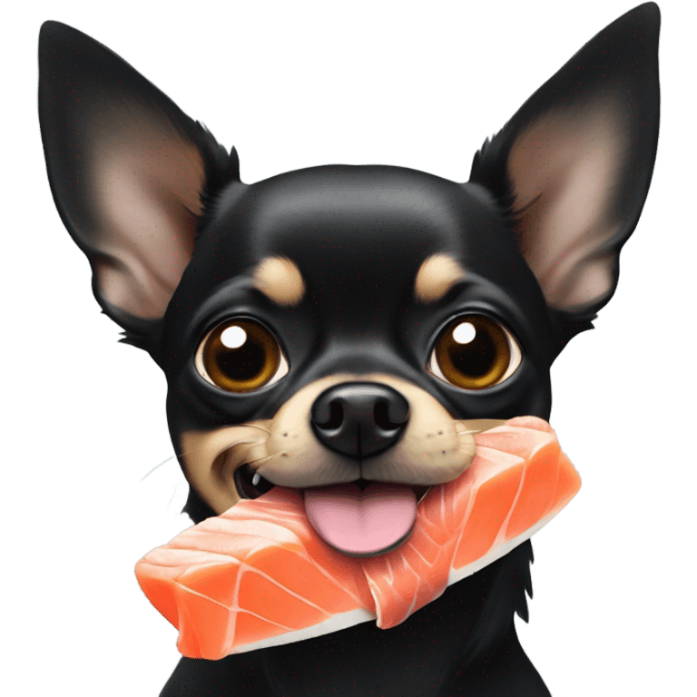 Black chihuahua with salmon in mouth emoji