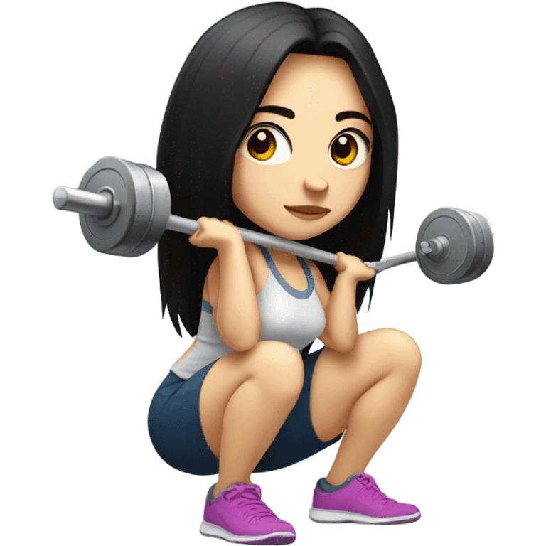 Pale girl with long black hair squatting weight, with laptop  emoji