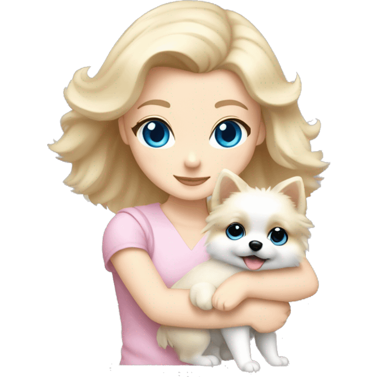 Blond girl white skin blue eyes hugging white Pomeranian with light pink bow emoji