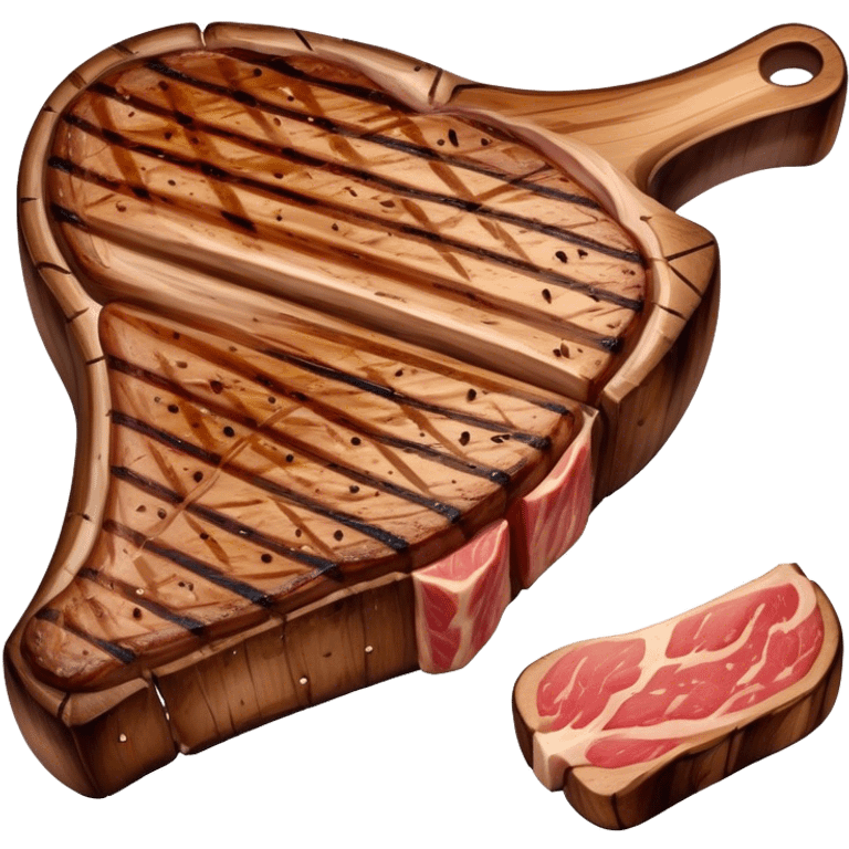 Cinematic thick-cut t-bone steak, perfectly seared with grill marks, a grilled center, rich and savory, warm glow, sizzling and mouthwatering, highly detailed and appetizing. emoji