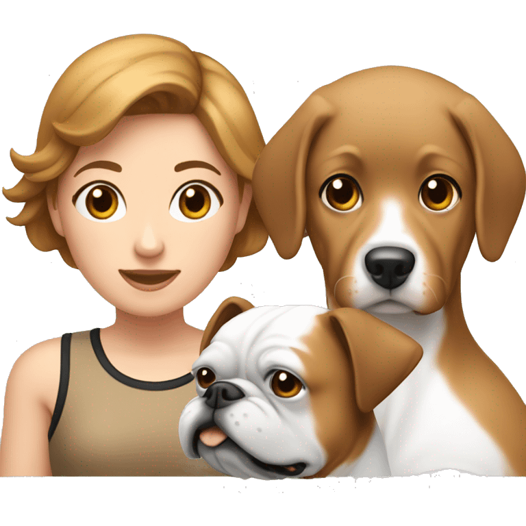 Lady with 2 boxers dogs 1 back and white and 1 tan and white  emoji