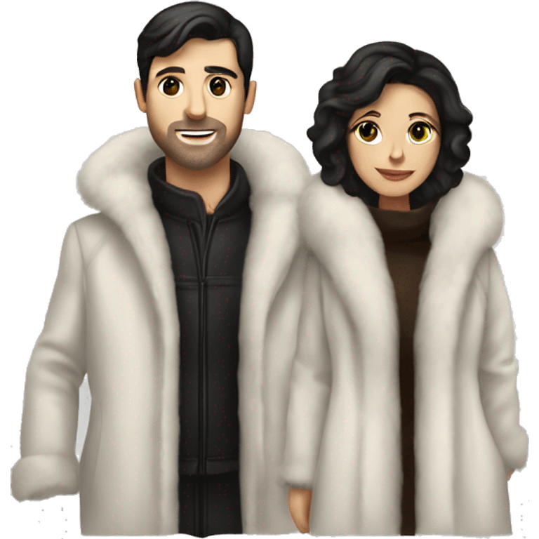 Dark haired White couple in long fur coats emoji