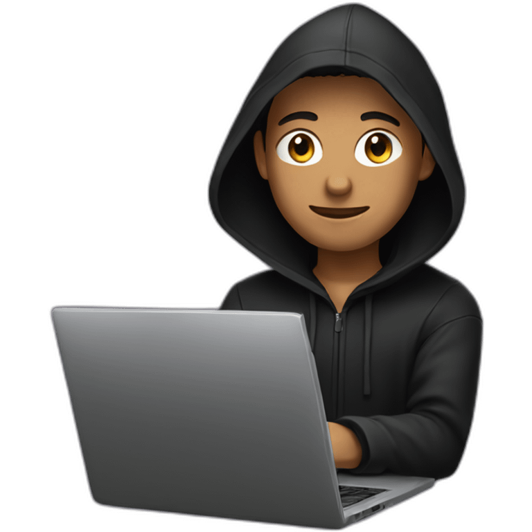 Young man with a black hood behind his laptop emoji