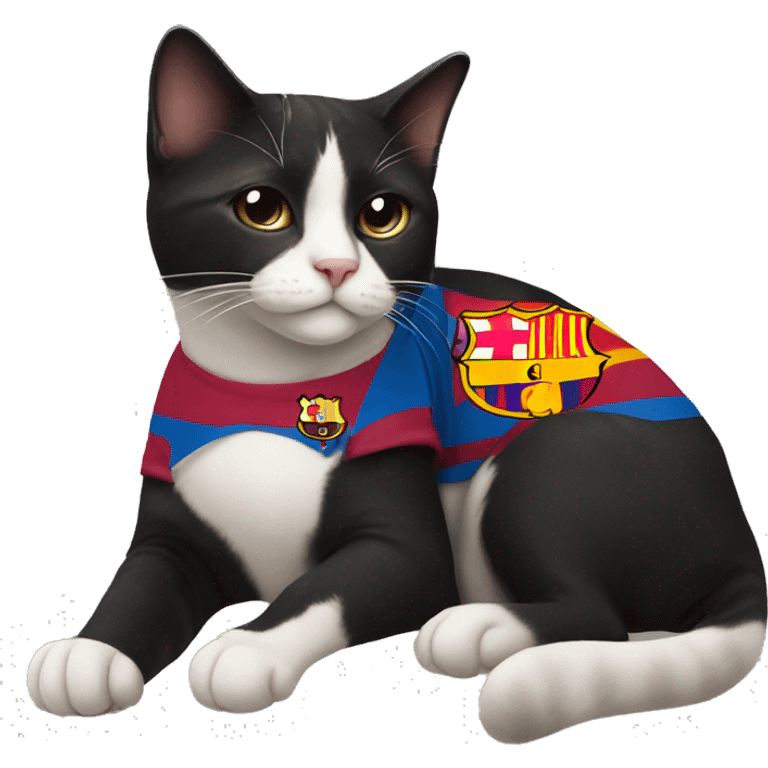 Tuxedo cat with a Barcelona soccer jersey ￼ emoji