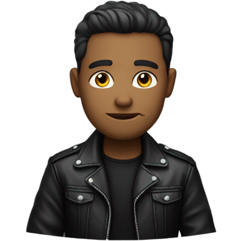 I want an emoji of a man wearing a black leather jacket and sitting at his desk. The face and eyes have to be looking up, as if they were looking at the sky. emoji