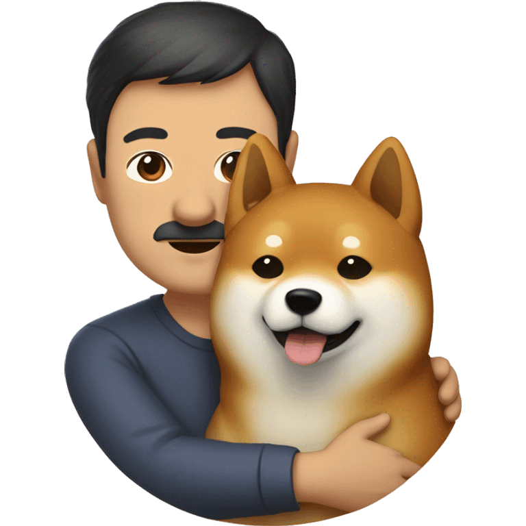 Shiba Inu cuddles middle age man with dark hair  emoji