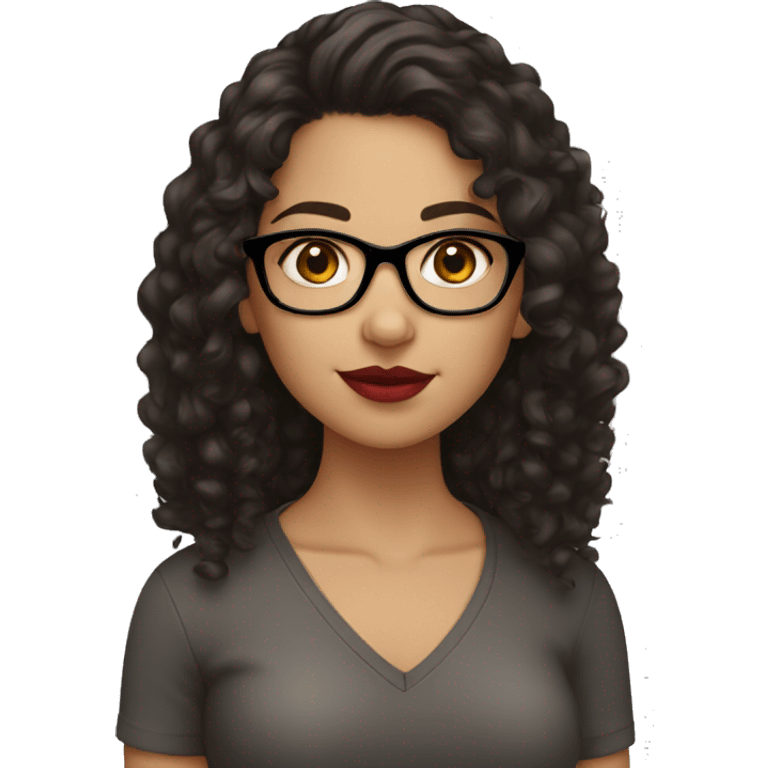 syrian girl, really dark brown hair, curly hair, dark brown eyes, black glasses, red lips. emoji