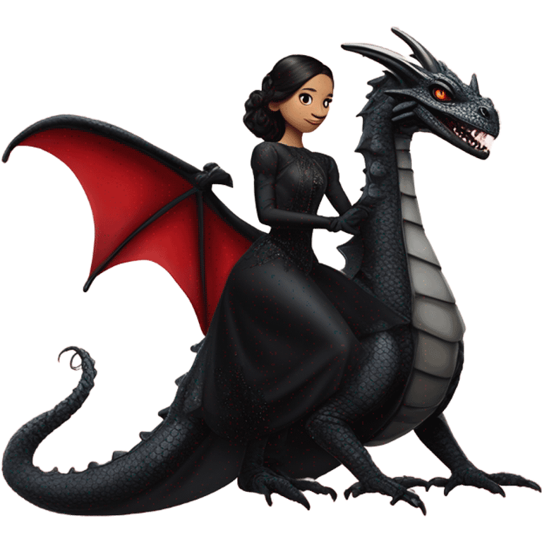 Lavish Victorian evening gown with gloves, Jenna Ortega as Addams Jedi wearing a mini tiara, riding on the back of a very large blood red evil-looking horned firedragon emoji