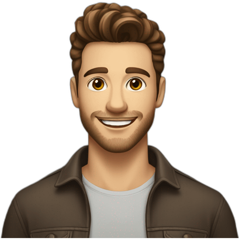 young man with short beard smiling medium long curvy rockabilly style brown hair with light skin and dark brown eyes emoji