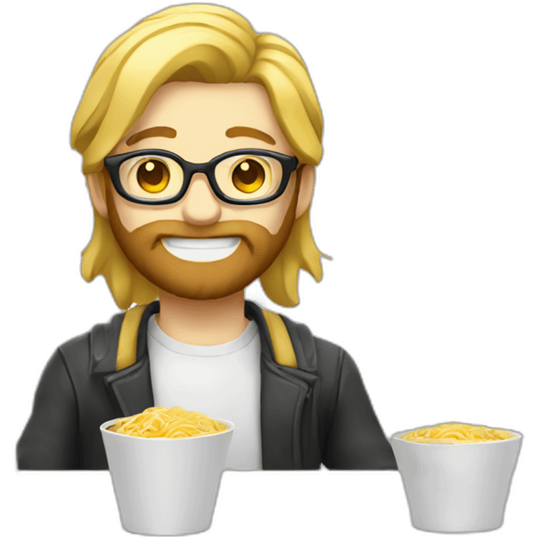 Blond Developer with glasses and beard and ramen in box emoji