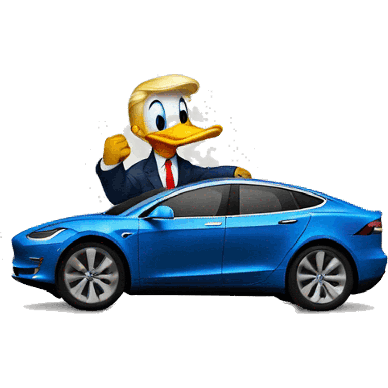 Donald trump as Donald Duck sitting on top of a Tesla  emoji