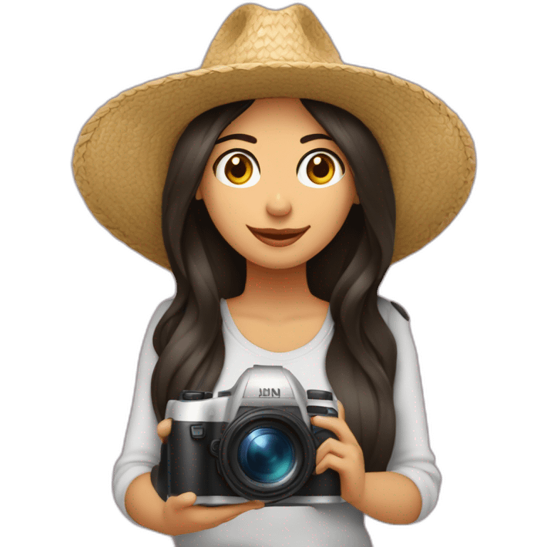 Mujer morena cabello largo con sombrero con cámara de fotos  emoji