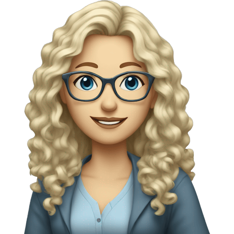 Woman teacher blonde gray long curly hair glasses blue eyes with book emoji